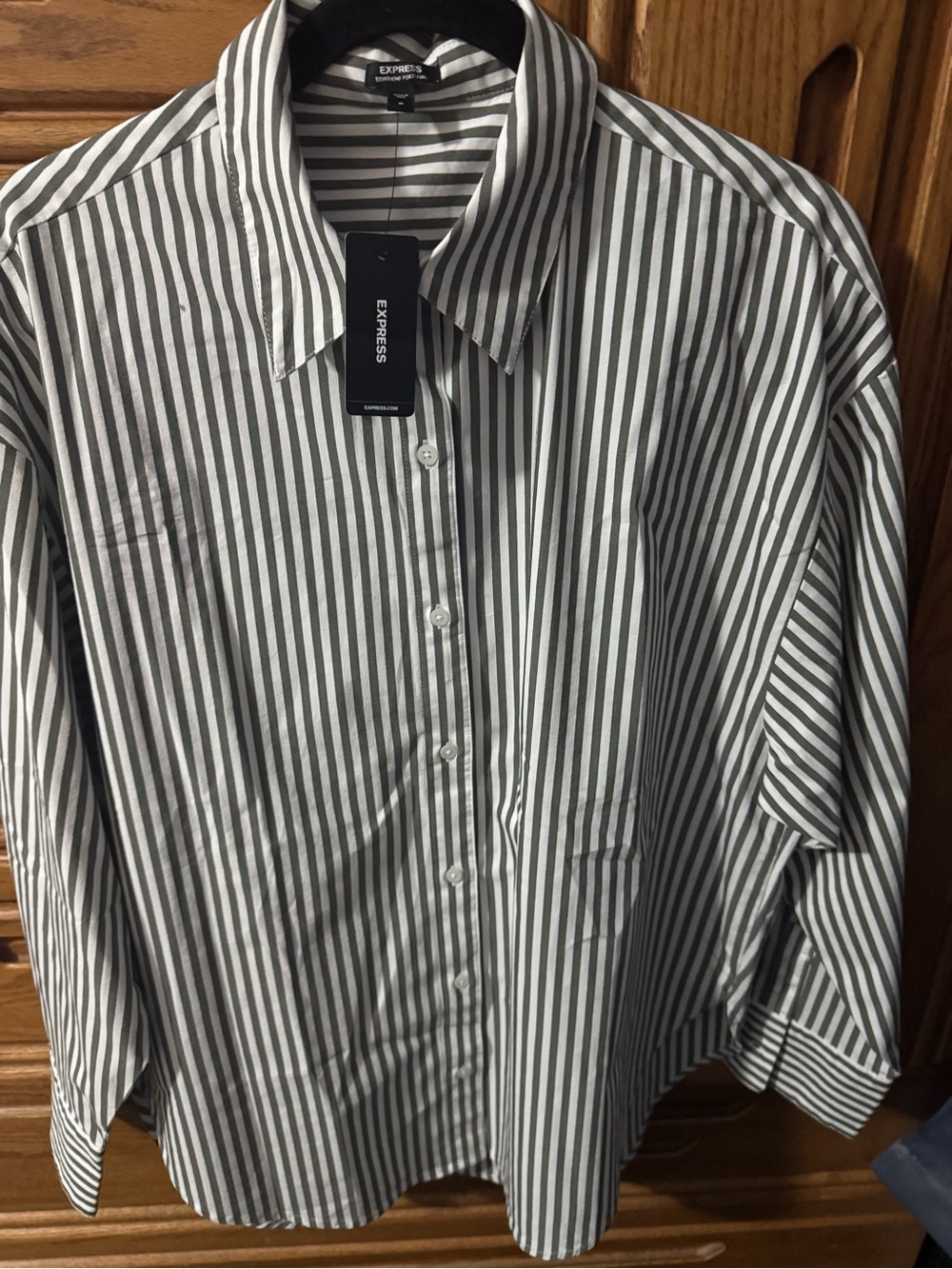 Express woman’s Gray & White Stripe Button-Down Shirt size medium